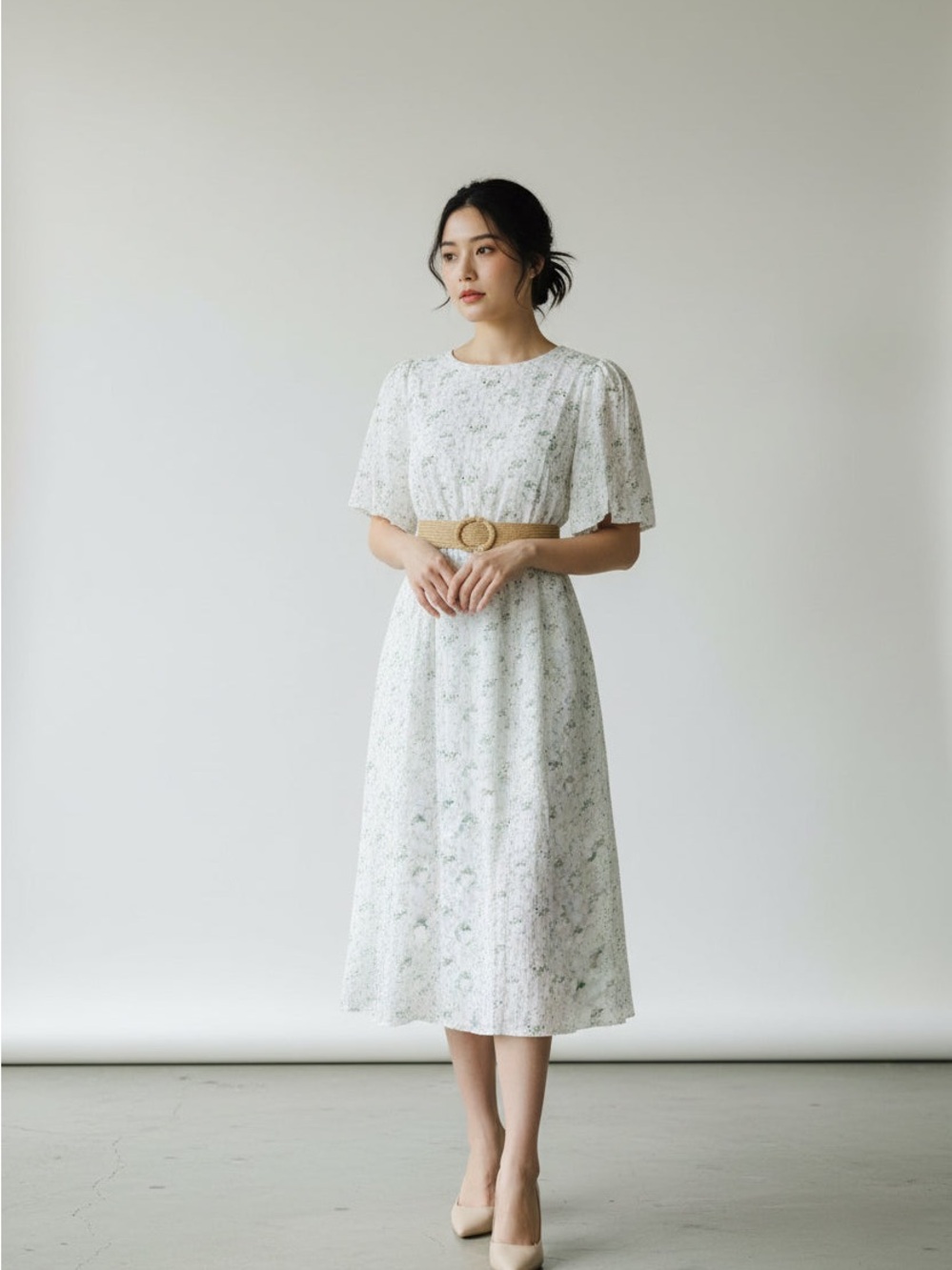 White Floral Midi Dress with Puff Sleeves and Tan Belt